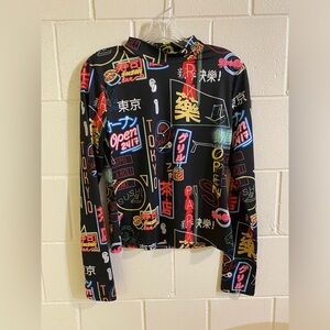 Tokyo-inspired neon city lights long sleeve crop top